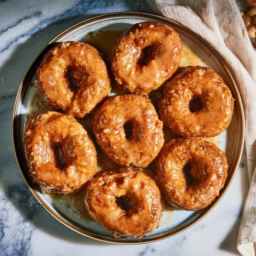 Pumpkin donuts with a sweet maple glaze on a plate.