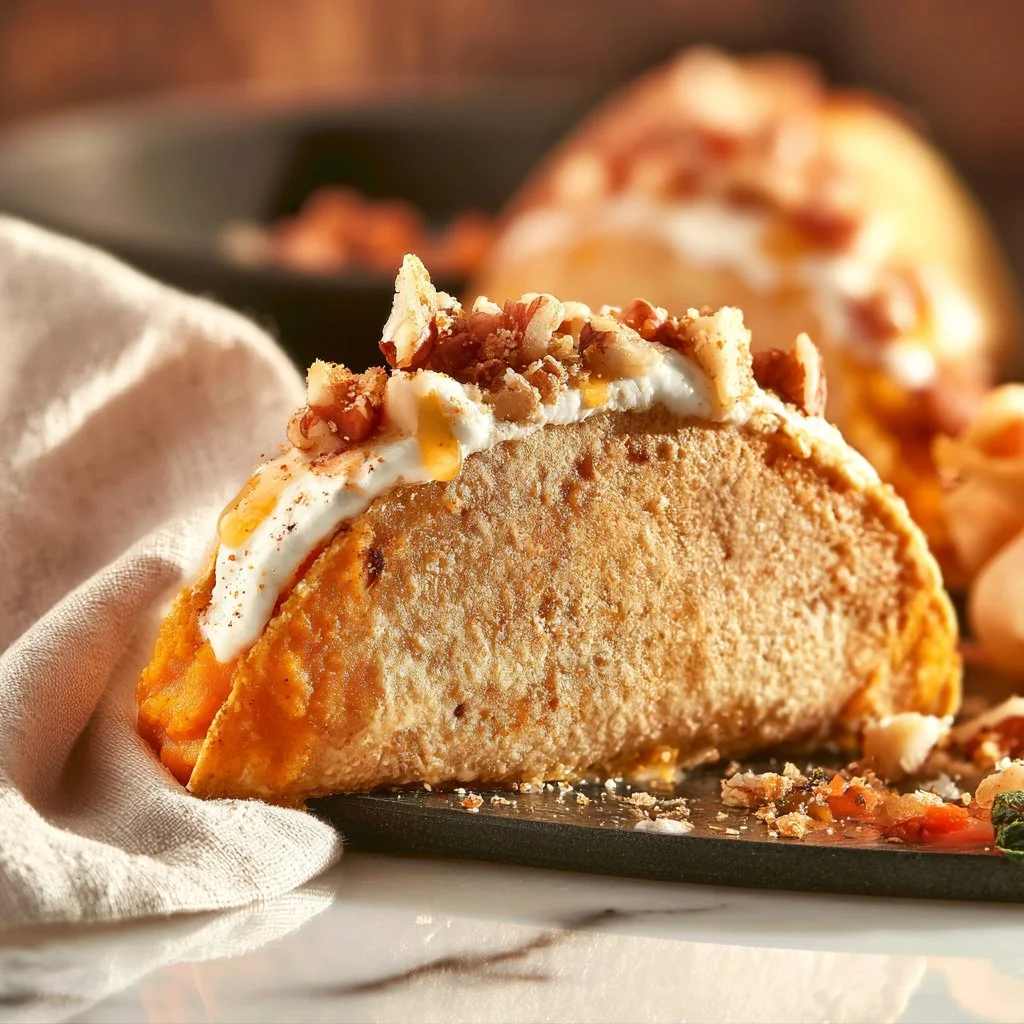 Delicious pumpkin pie tacos served with whipped cream and autumn spices.