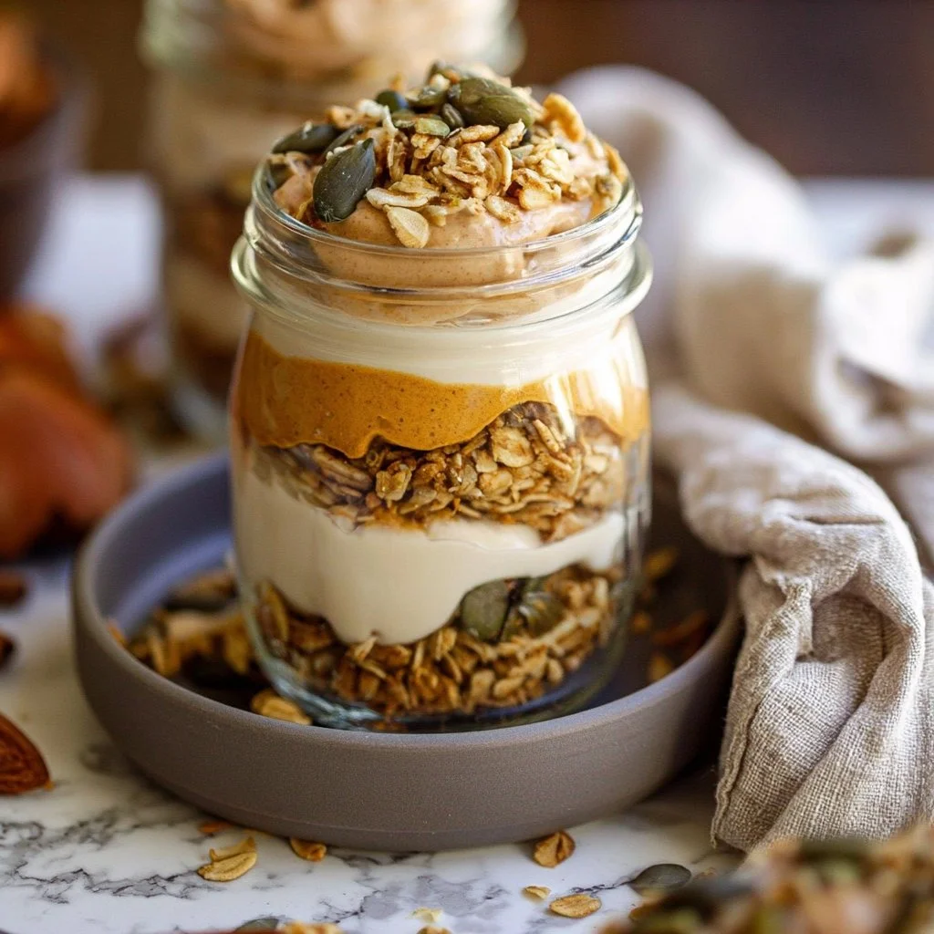 Pumpkin pie yogurt parfait with granola served in a glass