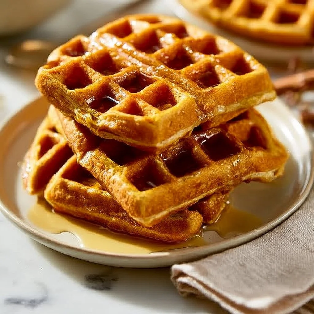 Delicious pumpkin spice Belgian waffles with maple drizzle on a plate