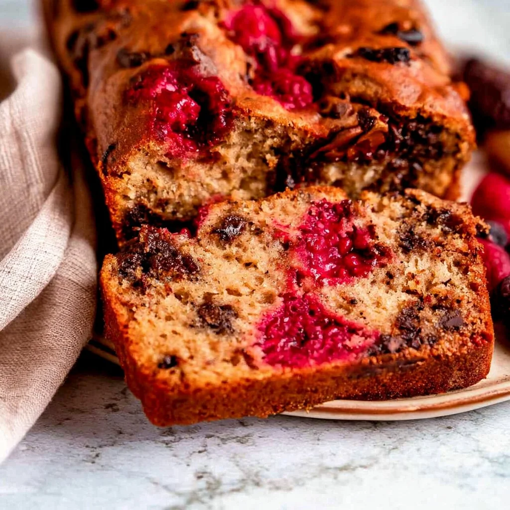 Raspberry Banana Bread with Dark Chocolate Chips freshly baked and sliced