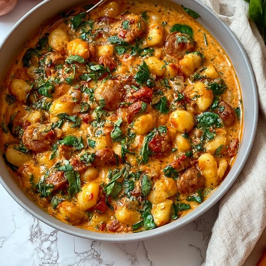 Plate of sausage and gnocchi, an easy weeknight dinner recipe