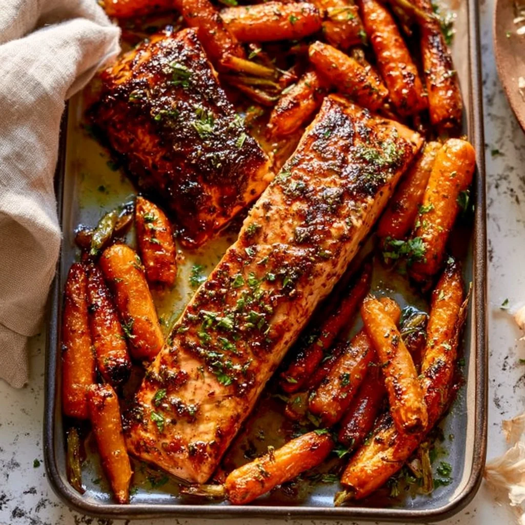 Sheet pan salmon with herb butter and roasted carrots on a rustic table.