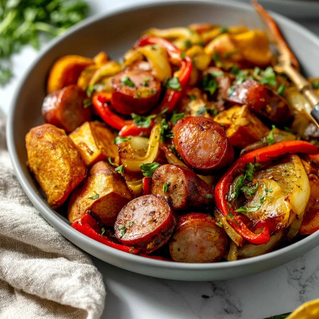 Sheet pan sausage with peppers, onions, and sweet potatoes ready to serve.