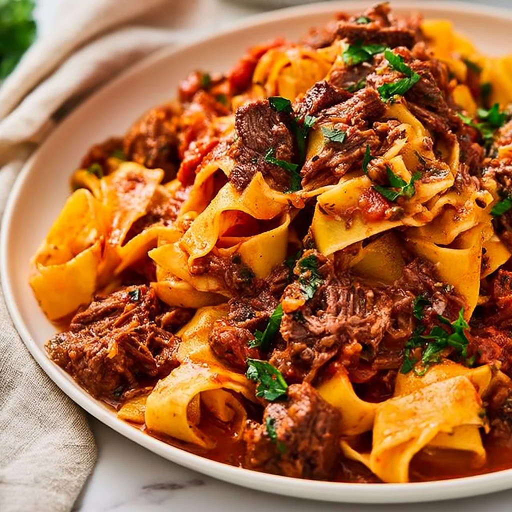 Slow-braised beef ragù served with fresh pappardelle pasta