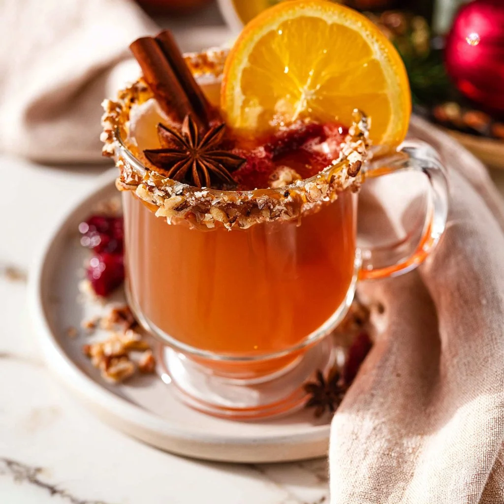 Slow Cooker Mulled Cider served with a caramel pecan rim in a cozy setting