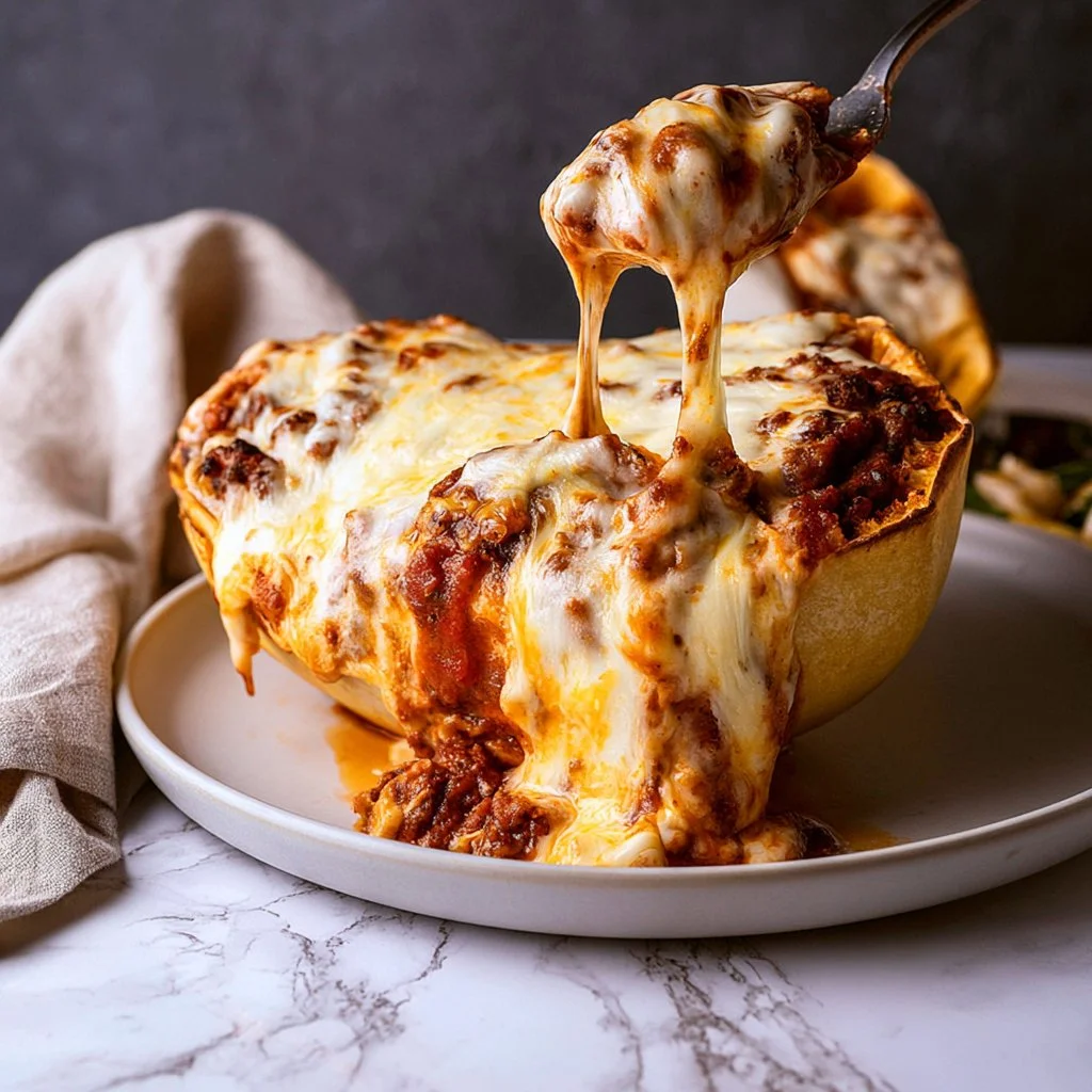 Cheesy Spaghetti Squash Bolognese Boats in a baking dish