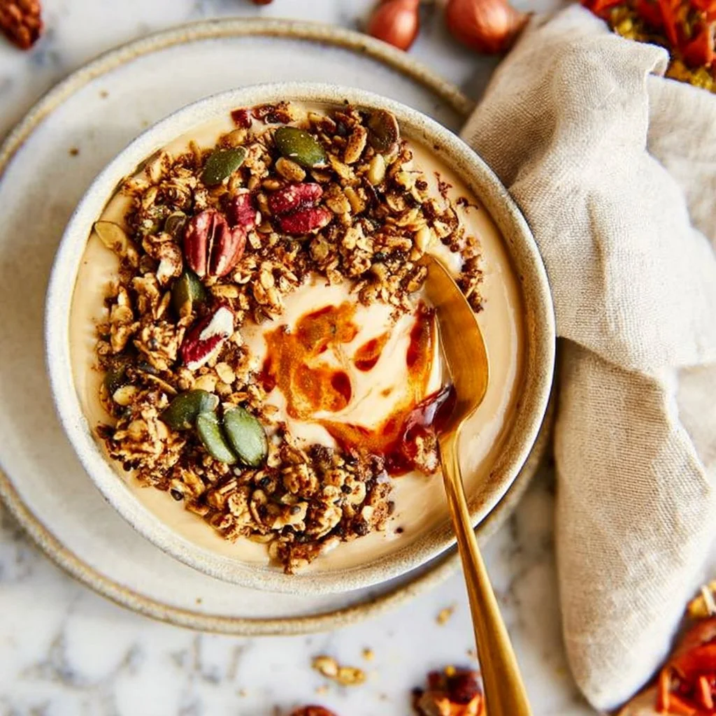 Spiced pumpkin seed granola bowls with Greek yogurt on a wooden table