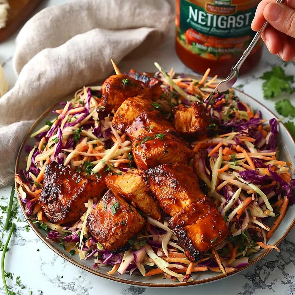 Spicy chicken kabobs served with crunchy slaw on a plate