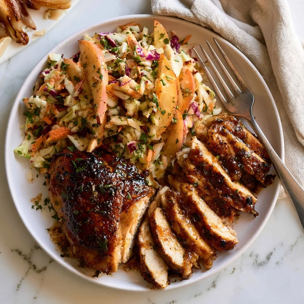 Sticky apple cider chicken served with autumn slaw on a plate