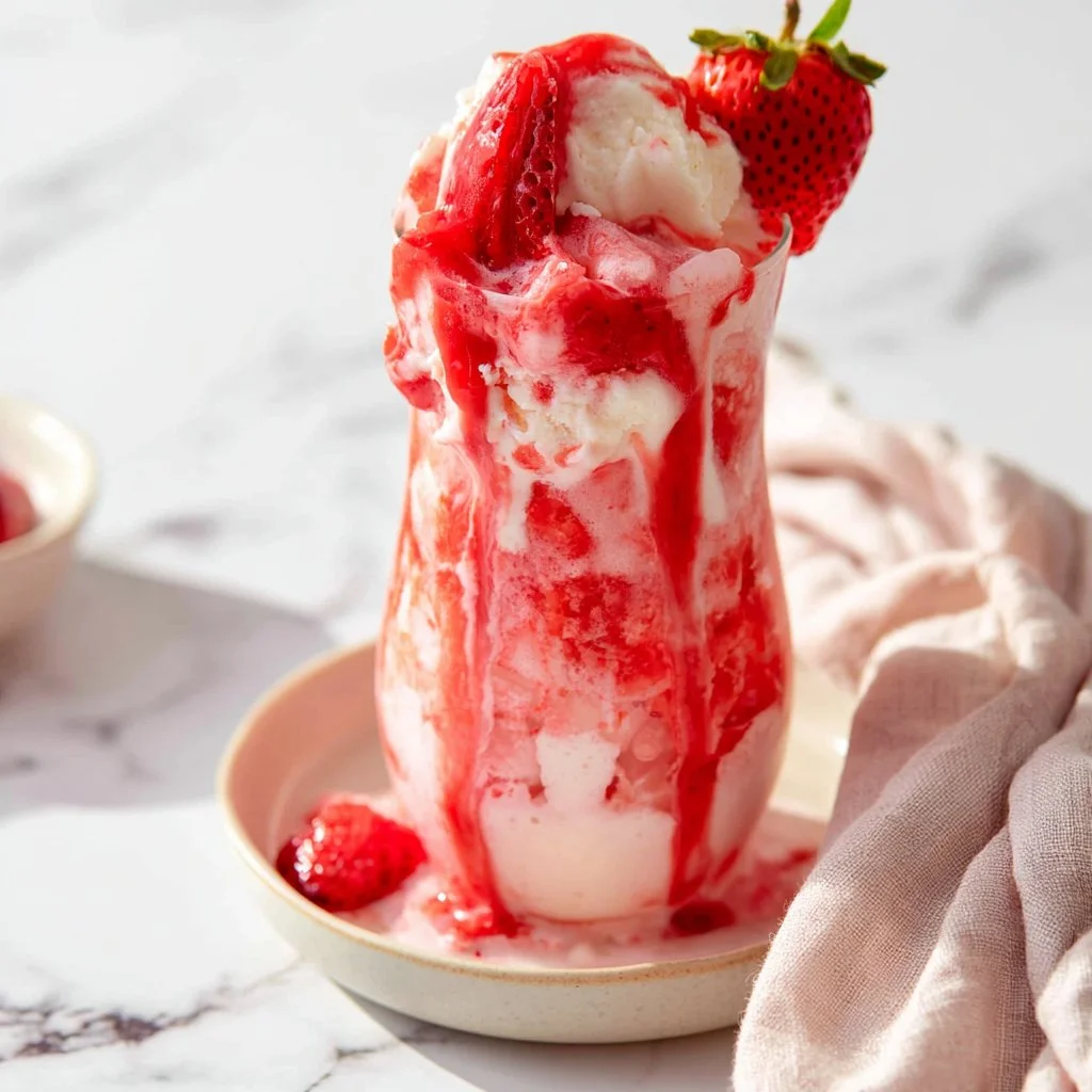 Delicious strawberry soda float with vanilla ice cream in a glass