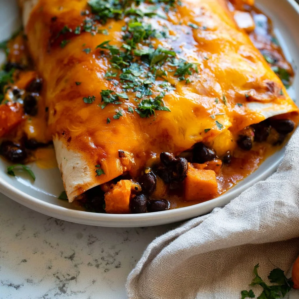 Plate of sweet potato enchiladas filled with black beans and topped with cheese and sauce