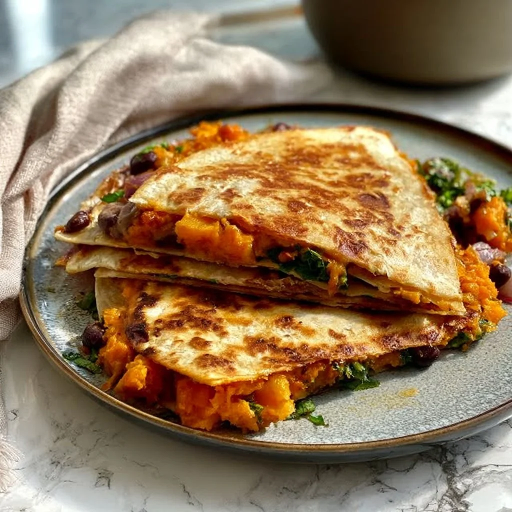 Sweet potato quesadillas with black beans on a plate, garnished with fresh herbs.
