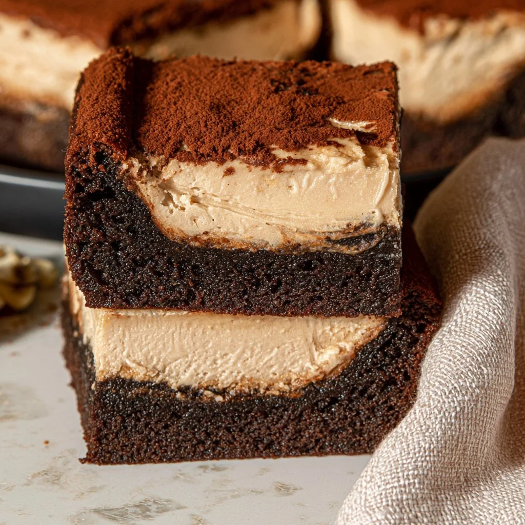 Plate of decadent tiramisu brownies with coffee cream frosting and cocoa powder