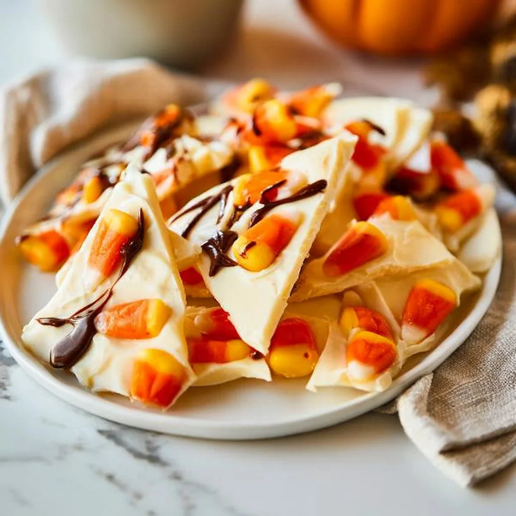 Delicious White Chocolate Candy Corn Bark served on a festive Halloween plate