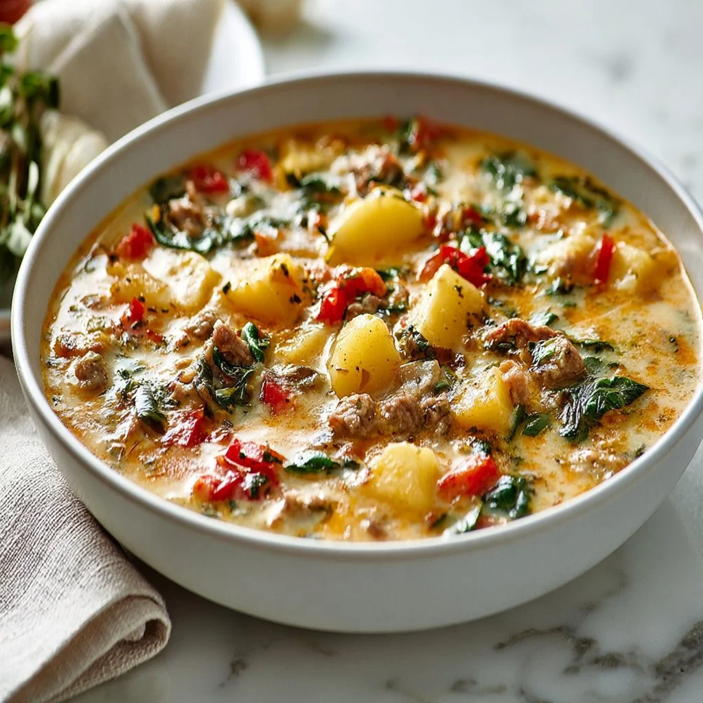 Delicious homemade Zuppa Toscana served in a rustic bowl