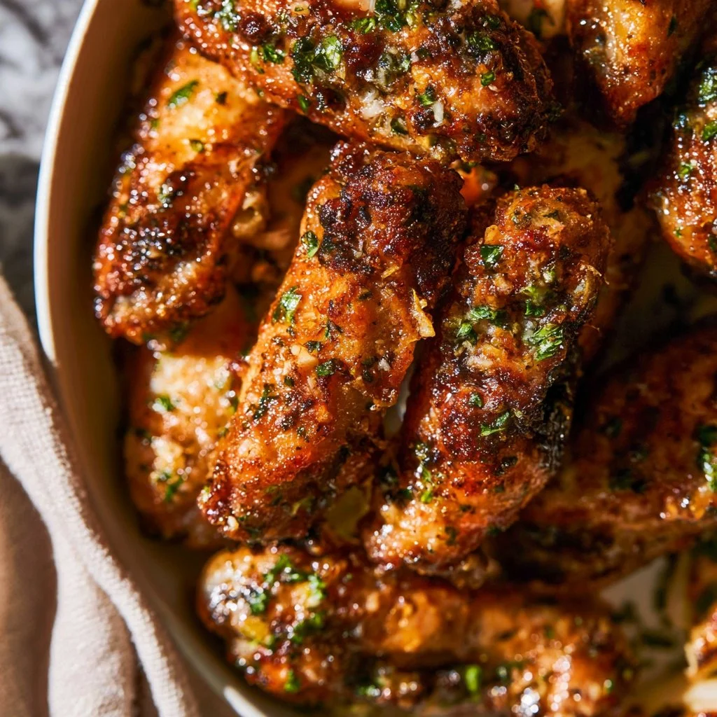 Crispy Air Fryer Garlic Parmesan Wings on a plate, garnished with parsley