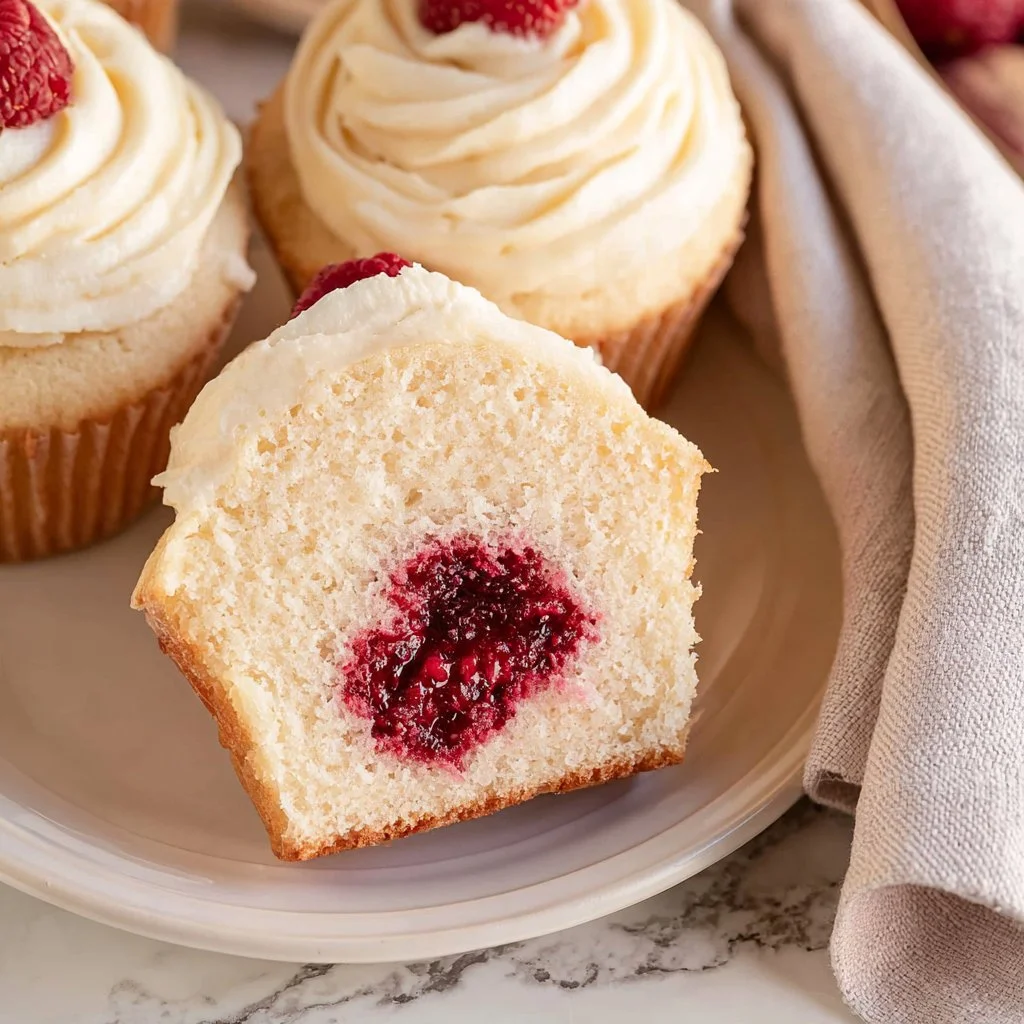 Almond raspberry-filled wedding cupcakes elegantly decorated for a wedding celebration.
