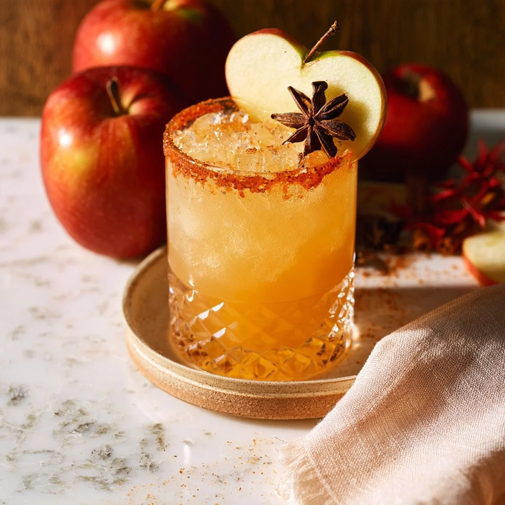 Spiced apple cider mocktail in a glass with cinnamon and apple slices.