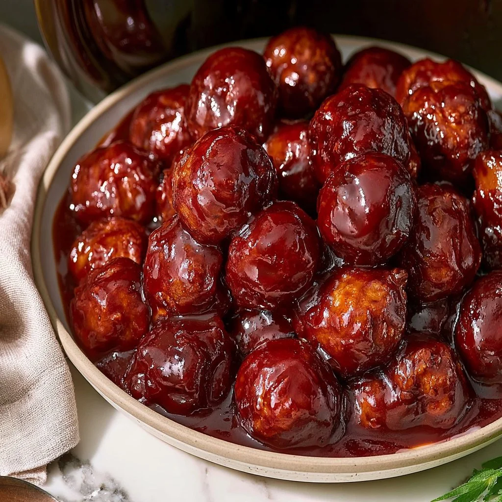 Delicious BBQ meatball bites in a crockpot served with a sweet & tangy sauce