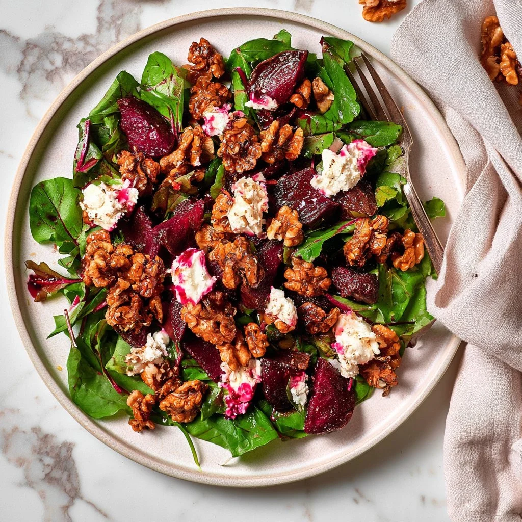 Beet salad with goat cheese and walnuts served on a plate