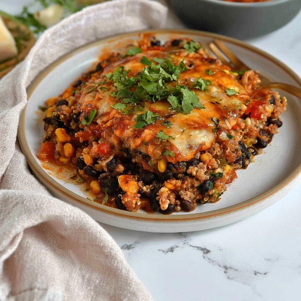 A hearty black bean quinoa casserole topped with fresh vegetables and herbs