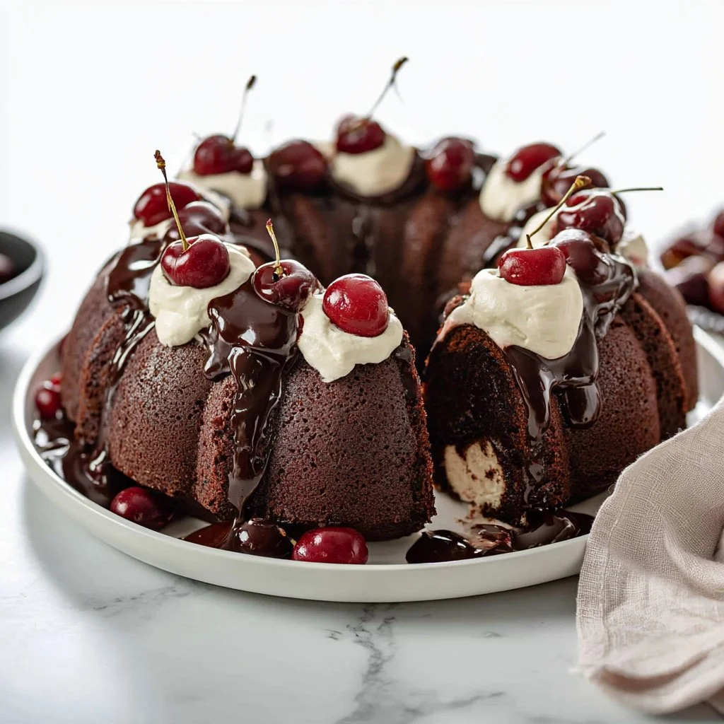 Black Forest Bundt Cake with cherries and cocoa on a white plate