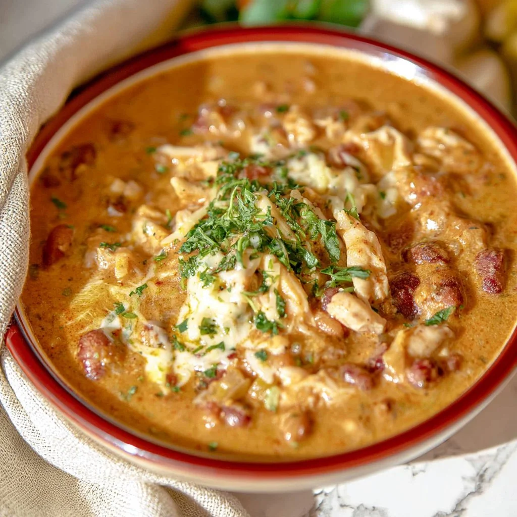 Bowl of Cajun White Chicken Chili topped with cilantro and served with cornbread