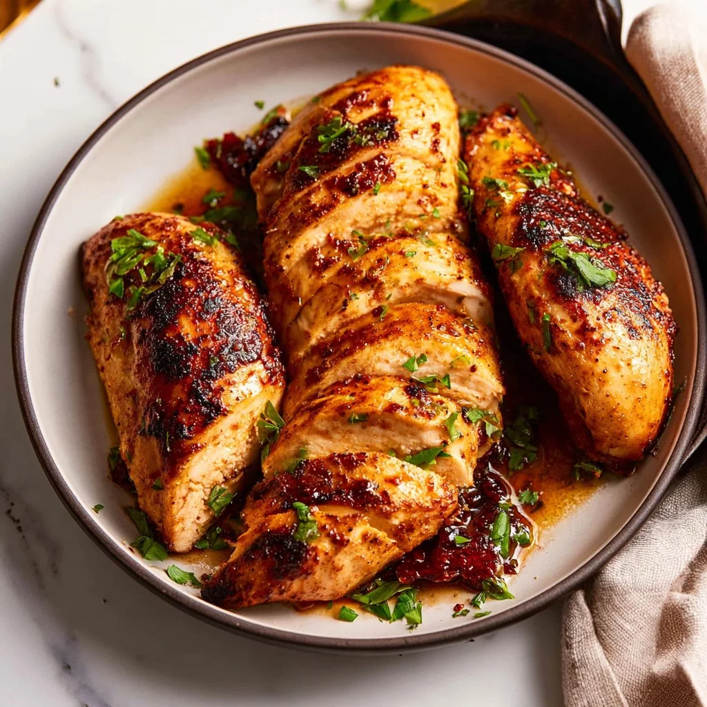Golden crispy cast iron chicken sizzling in a skillet with herbs and spices.
