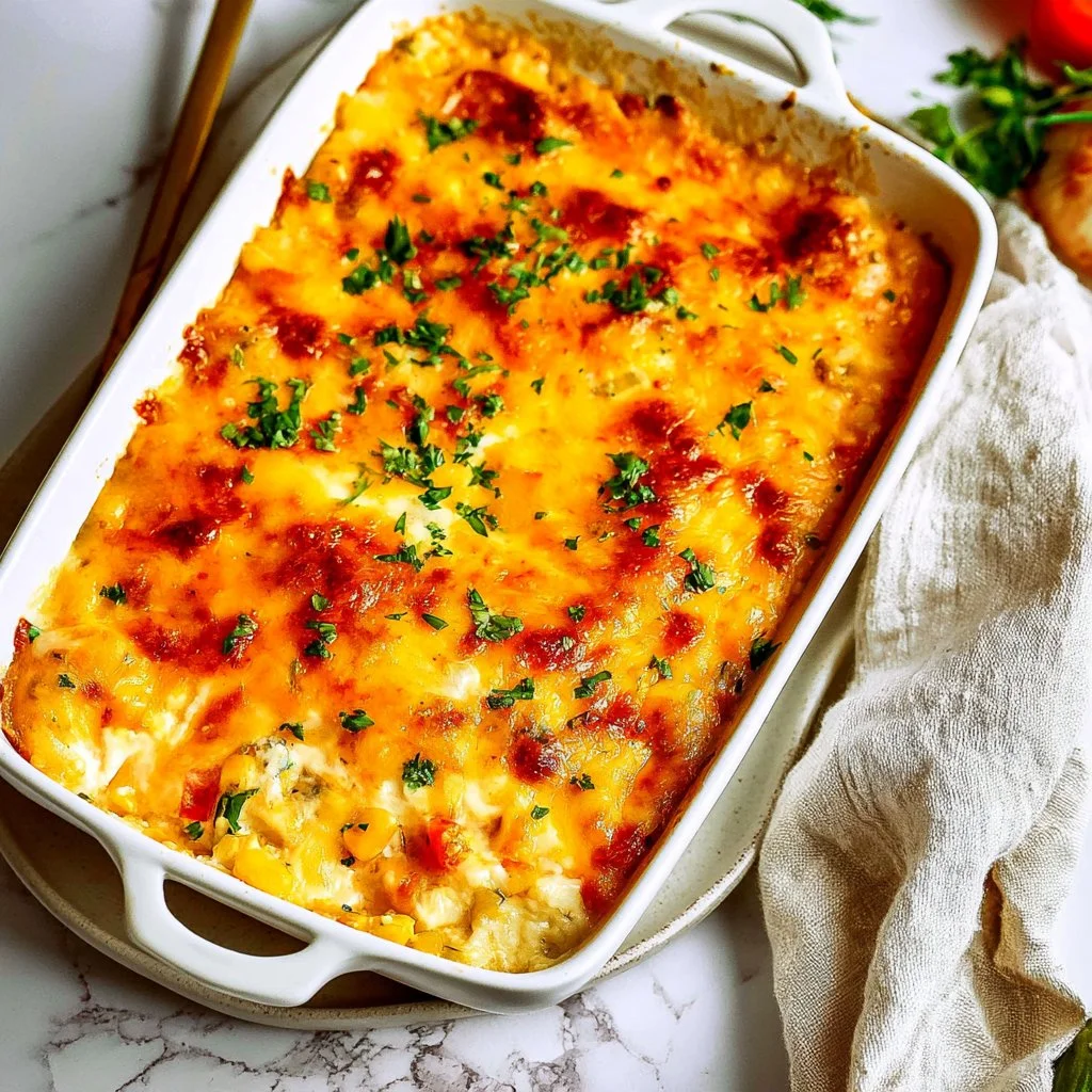 Delicious Cheesy Corn Casserole with Cream Cheese served in a dish