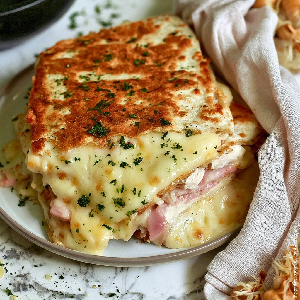 Delicious Chicken Cordon Bleu Quesadilla topped with melted cheese and ham.