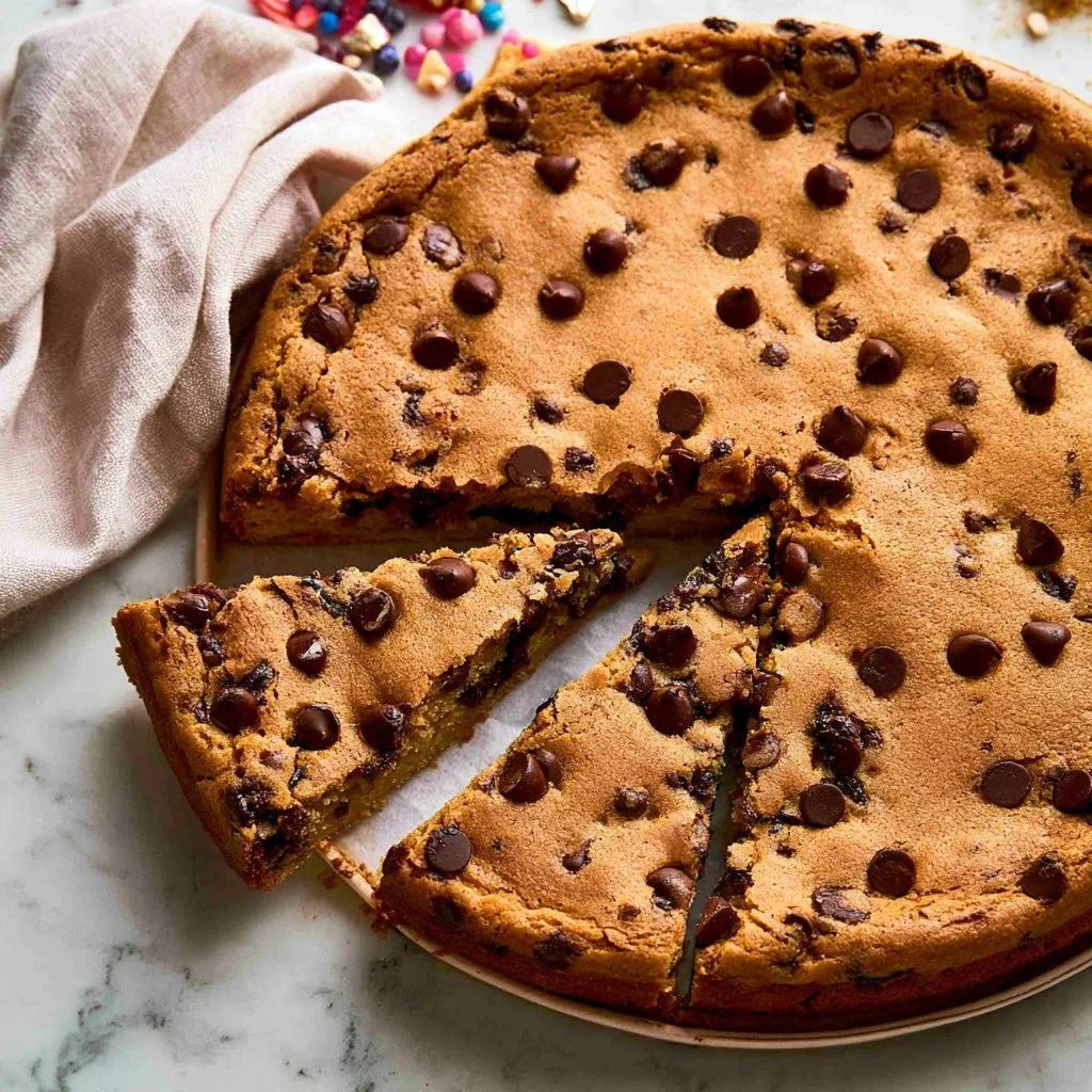 Delicious Chocolate Chip Cookie Cake decorated with chocolate chips and served on a plate