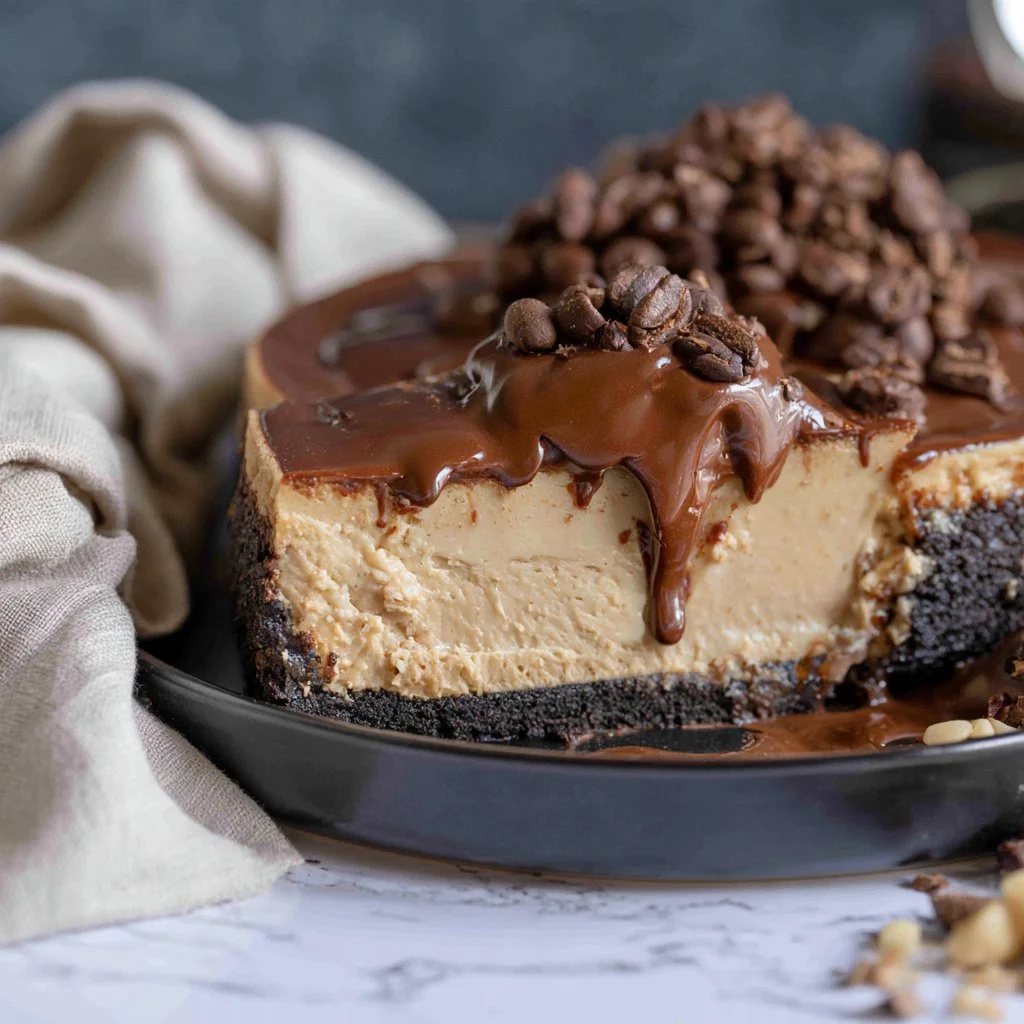 Delicious espresso-style cheesecake topped with coffee beans