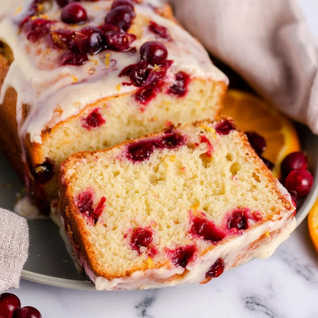 Moist cranberry orange pound cake on a plate, garnished with fresh cranberries.
