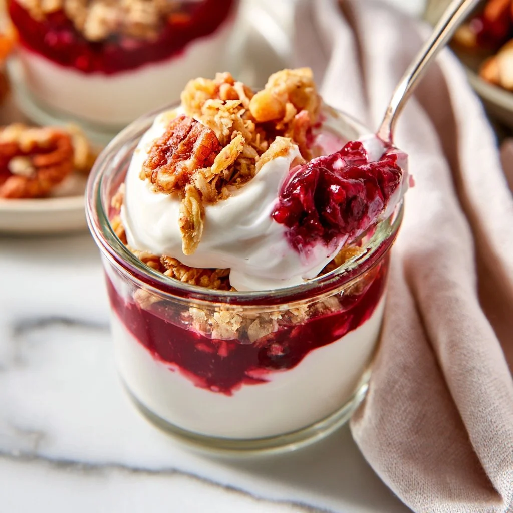 Cranberry sauce yogurt parfaits layered with yogurt and granola.