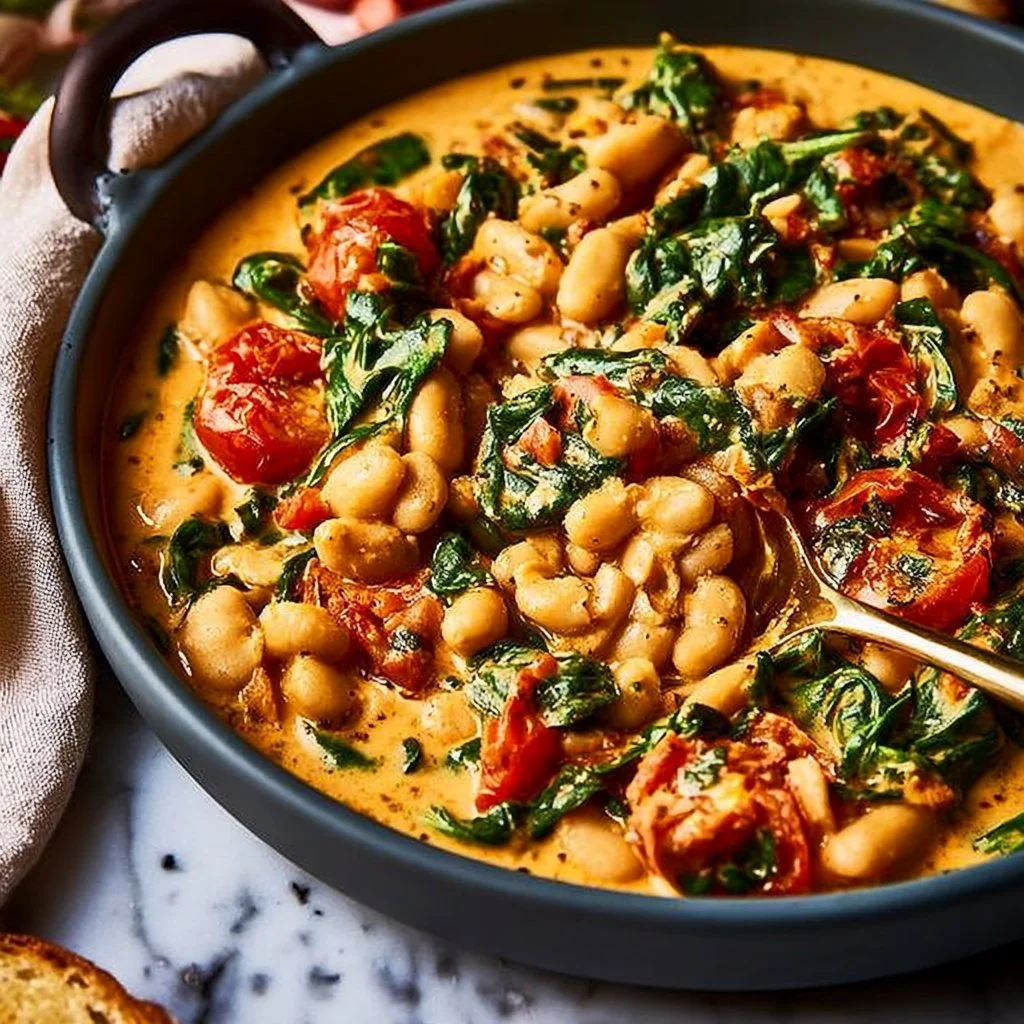 Creamy Tuscan white bean skillet with spinach served in a bowl