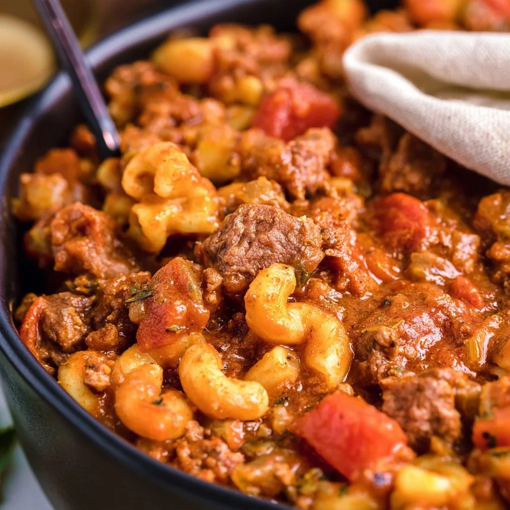 Bowl of hearty Crockpot Goulash with pasta and vegetables