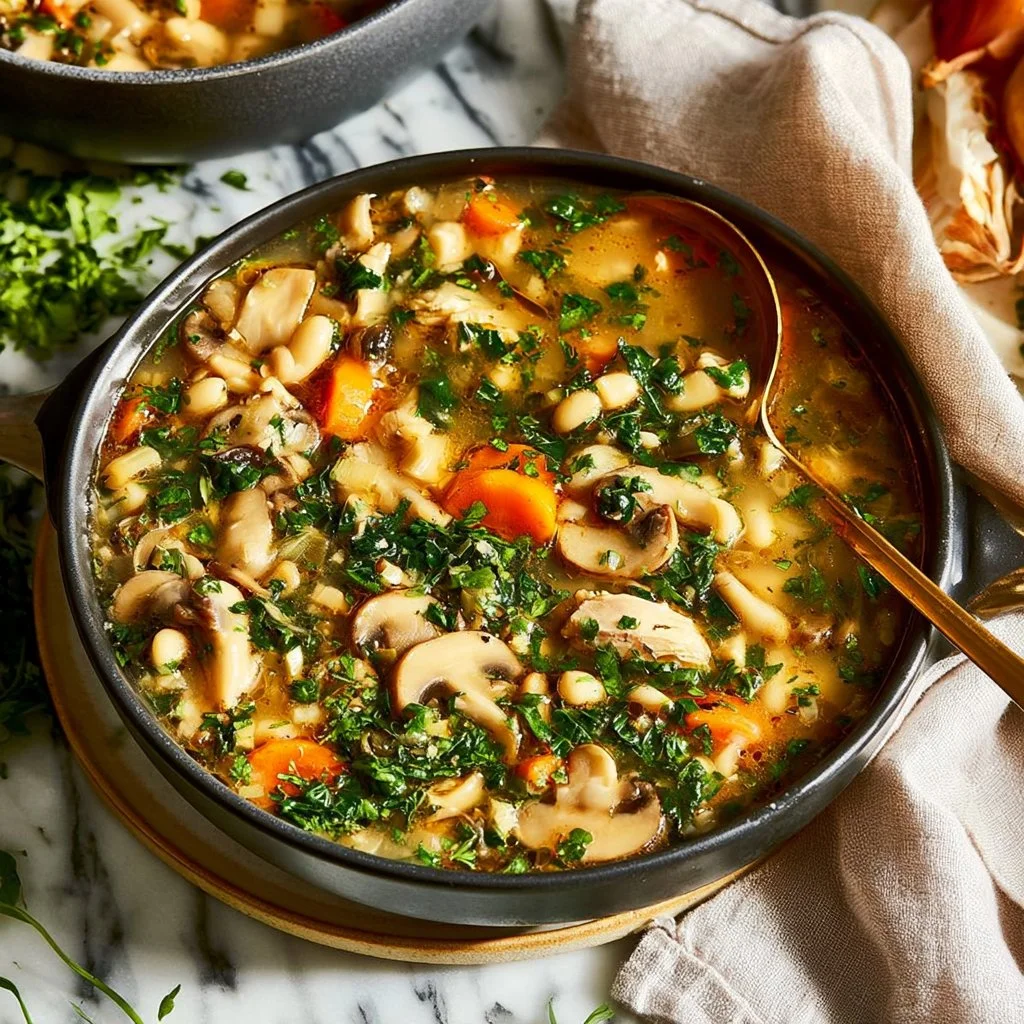 Bowl of Detox Chicken Soup with fresh vegetables and herbs for wellness