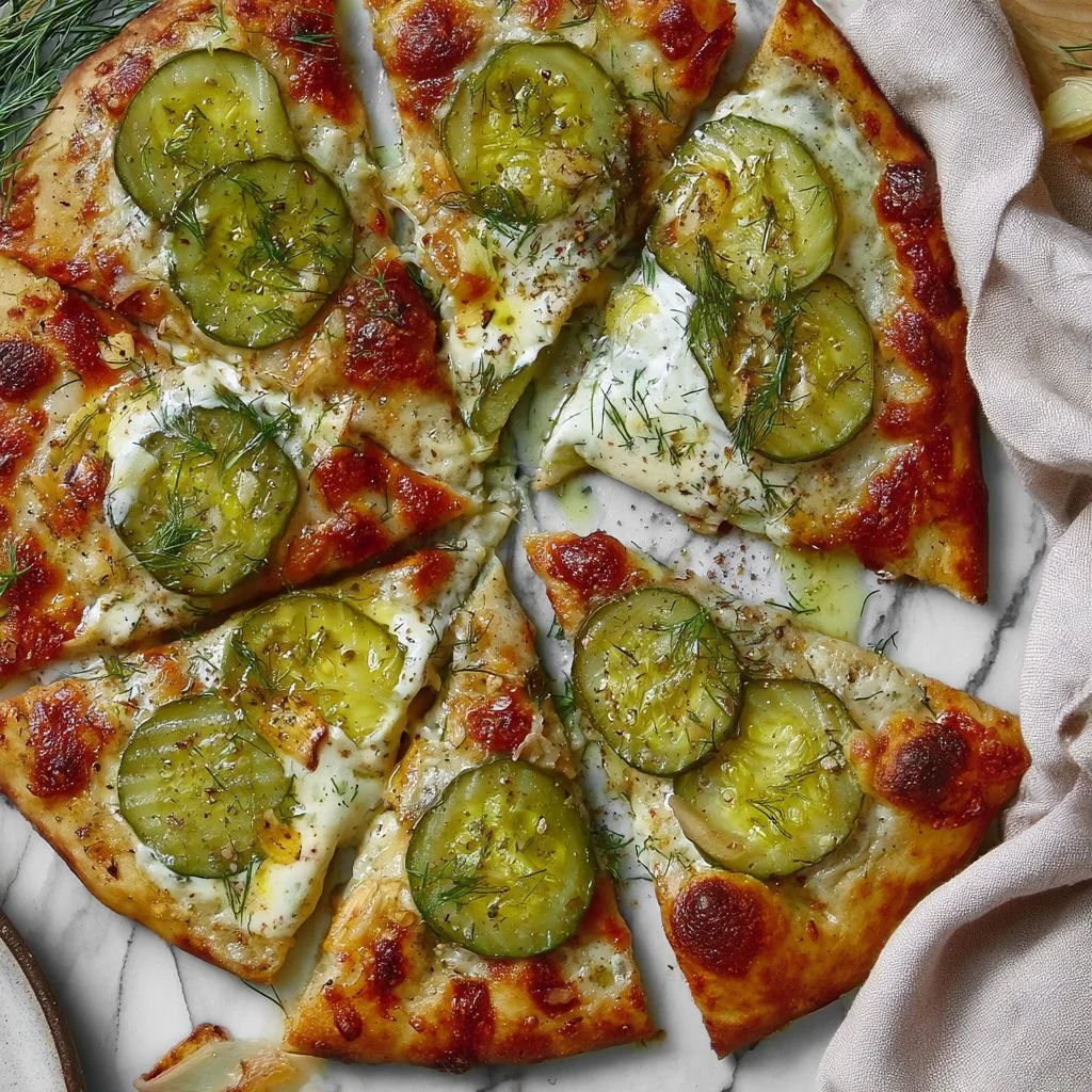 Sliced dill pickle and garlic pizza on a wooden board, showcasing unique flavors.