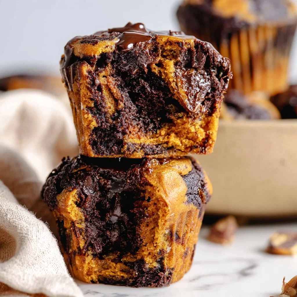 Double chocolate pumpkin muffins, moist and fudgy, perfect for fall treats