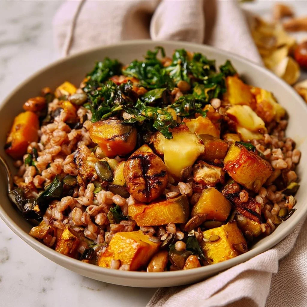 Farro Grain Bowl topped with roasted vegetables and crispy cheese