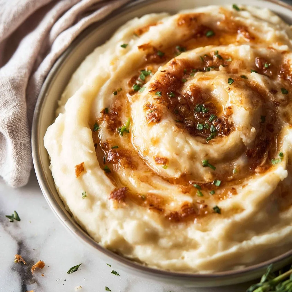 Delicious Garlic Brown Butter Mashed Potatoes served in a bowl