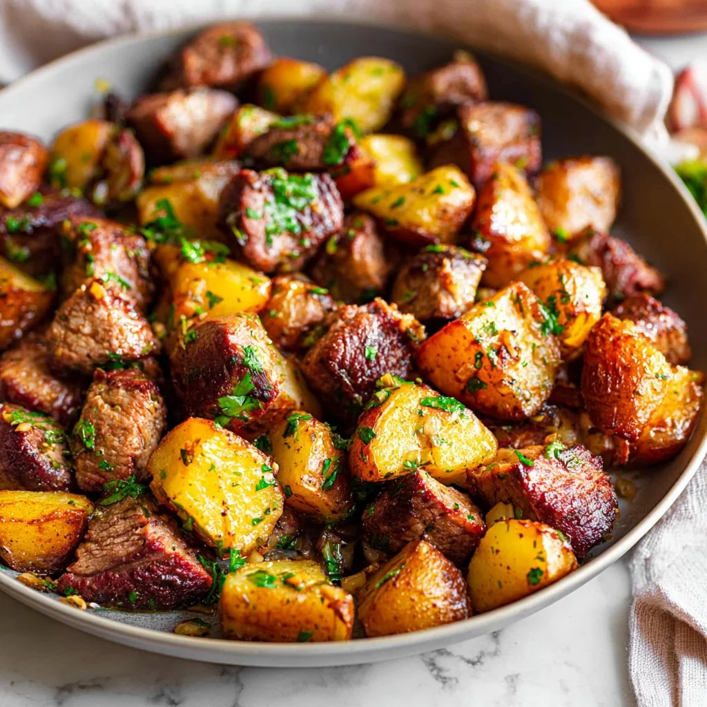 Garlic butter steak bites with roasted potatoes in a one-pan dish