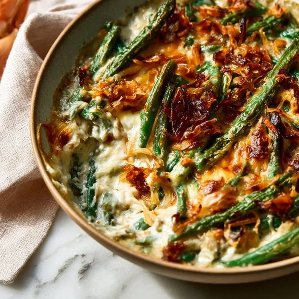 Green bean casserole topped with crispy shallots in a baking dish