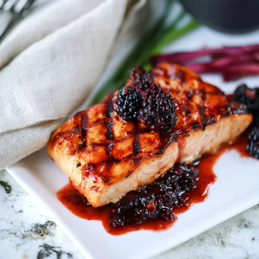 Grilled salmon fillet topped with rich blackberry sauce on a plate