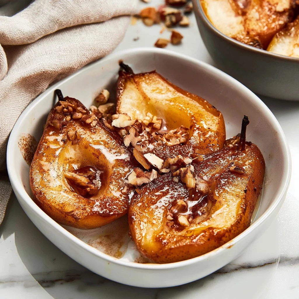 Healthy baked pears with cinnamon served on a plate