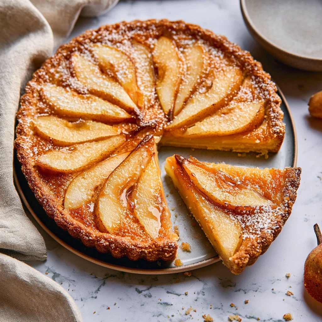 Delicious Honey Pear Frangipane Tart garnished with fresh pears