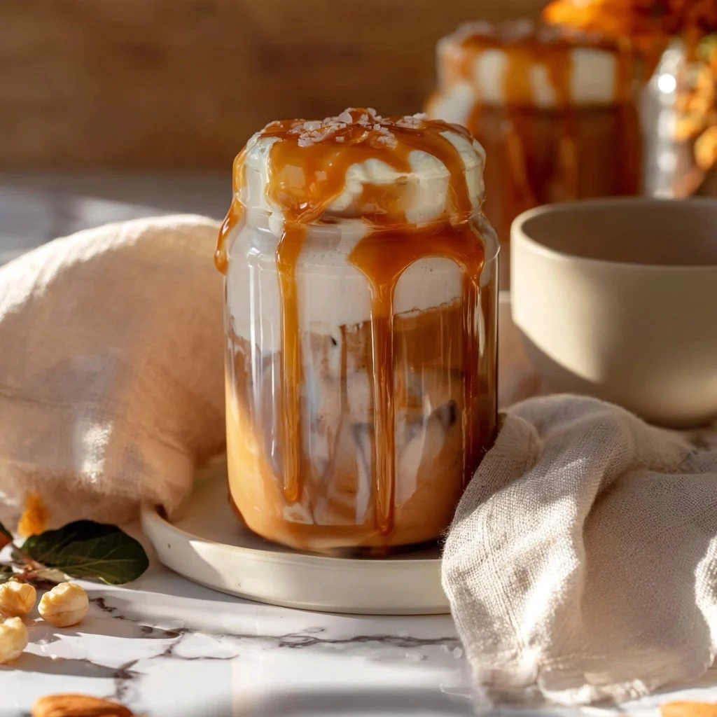 Iced Chai Latte with salted caramel foam served in a glass