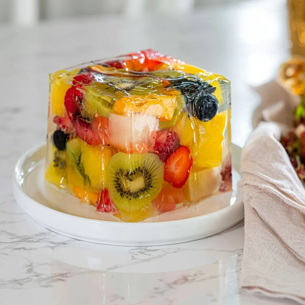 Colorful jelly fruit cake topped with fresh fruits, ready to serve.