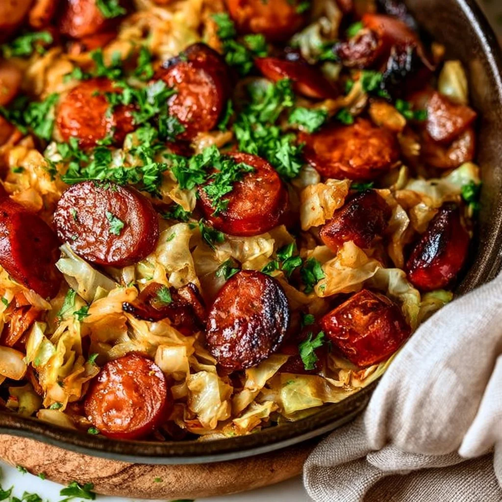 Kielbasa skillet served with sautéed cabbage for a hearty meal